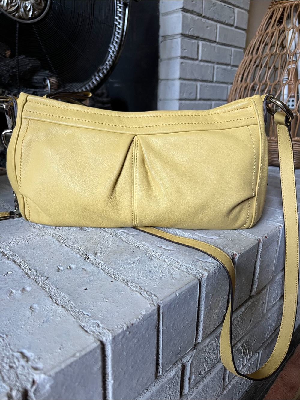 B. Makowsky Pastel Butter Yellow Pleated Leather Shoulder Bag